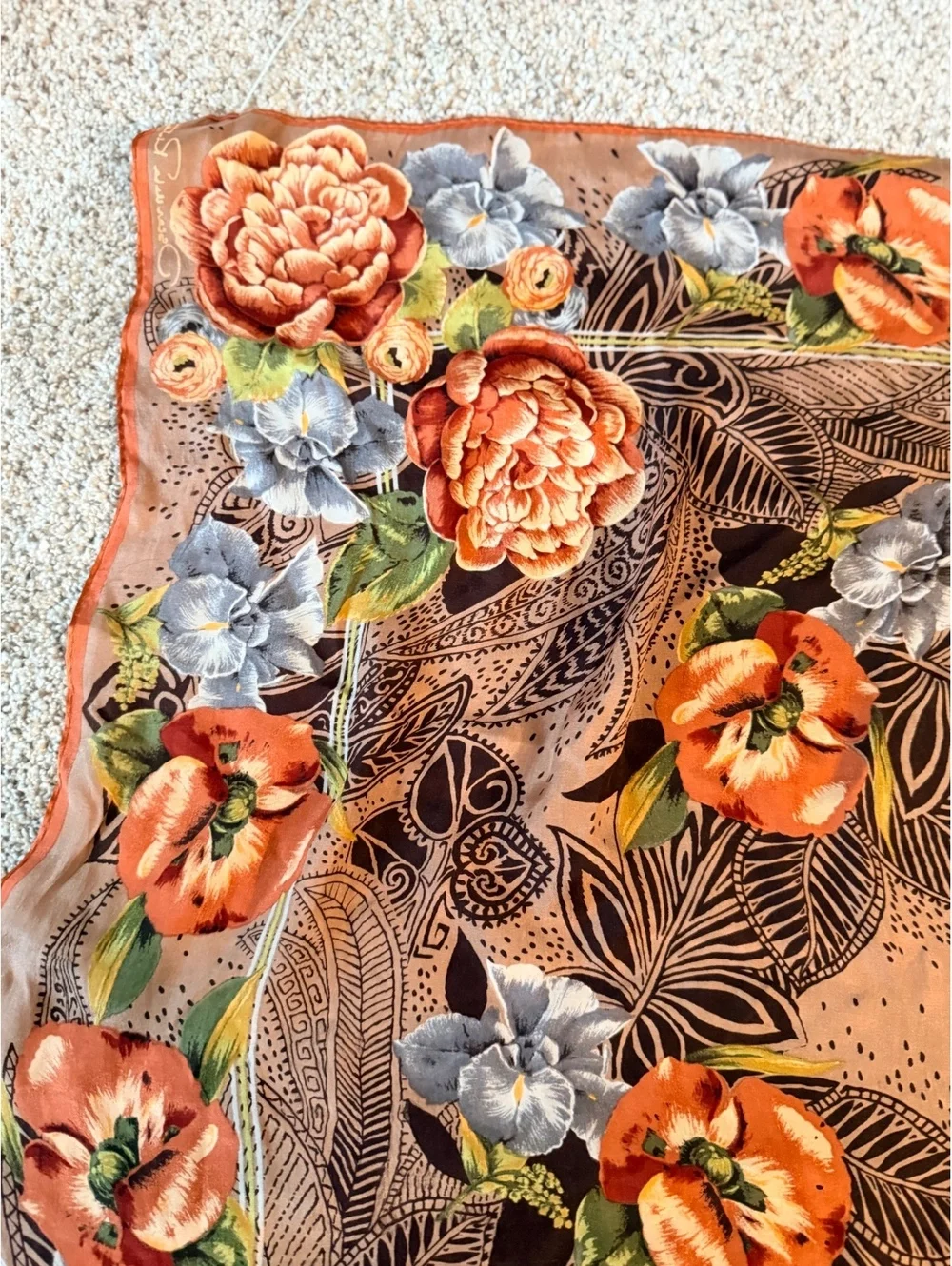 Oscar de la Renta Floral Silk Scarf with Orange and Gray Flowers